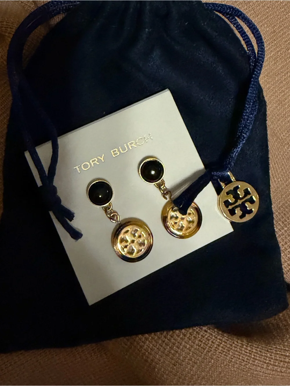 Tory Burch Gold and Black Logo Drop Earrings